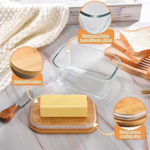 Hekeieon Countertop Butter Dish With Glass Lid - Airtight Seal for Freshness, Large Butter Dish for East and West Coast