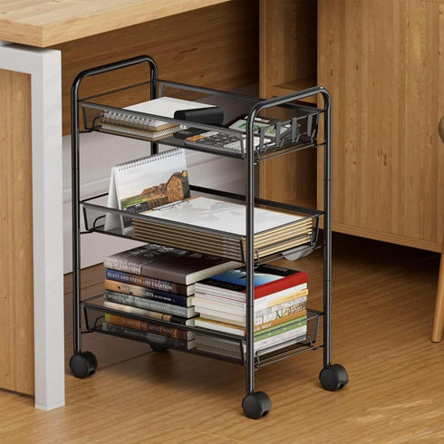 3 Tier Metal Rolling Cart with Wheels, Wire Bathroom Organizer Storage Shelves with Hooks, Utility Cart for Kitchen
