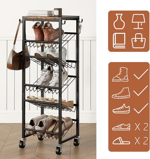 6 6-12 Closet Tier Rotating Shoe Rack Tower with Wheels, Wooden Shoe Storage Organizer with Hooks, Sturdy Metal Narrow