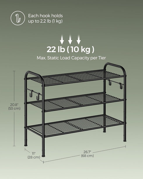3-Tier 4 12 Closet, ULMR068B01 SONGMICS Shoe Rack, Shoe Organizer, Metal Shoe Shelf Storage with Side Hooks, Holds