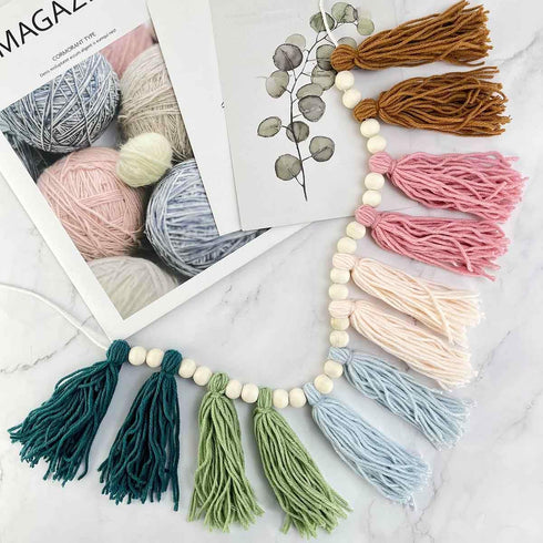 yuntop Rainbow Boho Tassel Wall Hanging with Wood Beads - Colorful Pastel Tassel Garland for Kids Room, Classroom