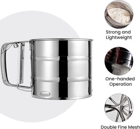 Flour Sifter, Stainless Steel Double Layer Fine Mesh Sifter for Baking, One Hand Press Crank