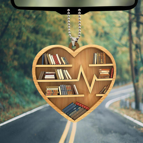 2D Talataca Bookshelf Heart Shape Book Lovers Nerd Bookworm Reader Gift Flat Car Rear View Mirror Accessories Christmas
