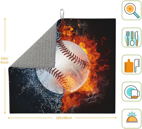 Baseball Dish Drying Mat 18x16 in for Kitchen Counter, Sports-Themed Absorbent Dry Dishes Pads with Cool Fire & Water, Drainer Mats Tableware Protector Countertops for Boys Mens Home Decor by SNAPMADE