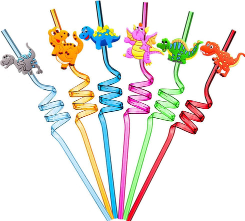 Reusable Dinosaur Party Drinking Straws, Novelty Curly Hard Plastic Straws for Kids Birthday Decorations - Pack of 6