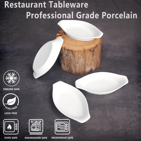 Set of 4 Ceramic Oval Au Gratin Baking Dishes, 7 oz, Oven & Microwave Safe, Double Handle for Kitchen Use