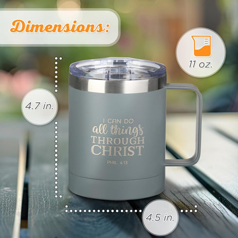 Christian Art Gifts Stainless Steel Double Wall Vacuum Insulated Camp Style Travel Mug 11 oz Gray with Lid and Handle