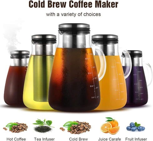 Cold Brew Iced Coffee Maker 34oz, BPA-Free Glass Pitcher with Removable Double Mesh 304 Stainless Steel Filter