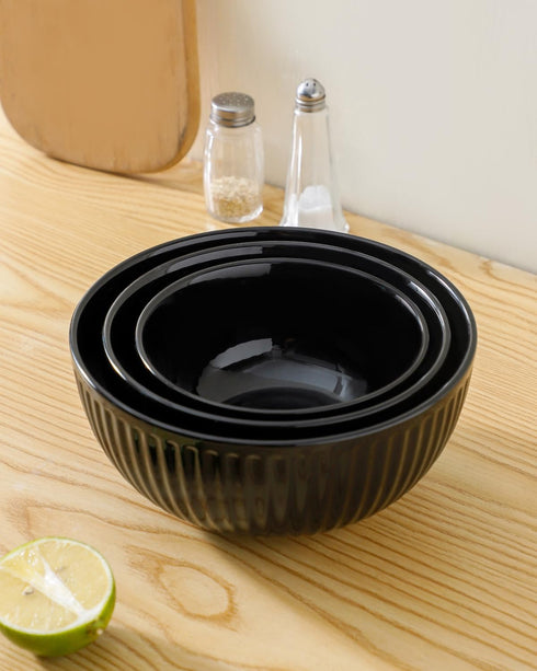 Hasense Mixing Bowls Set of 3, Large Ribbed Black Bowls 1.5/1/0.5 Qt for Kitchen, Cooking, Baking & Serving