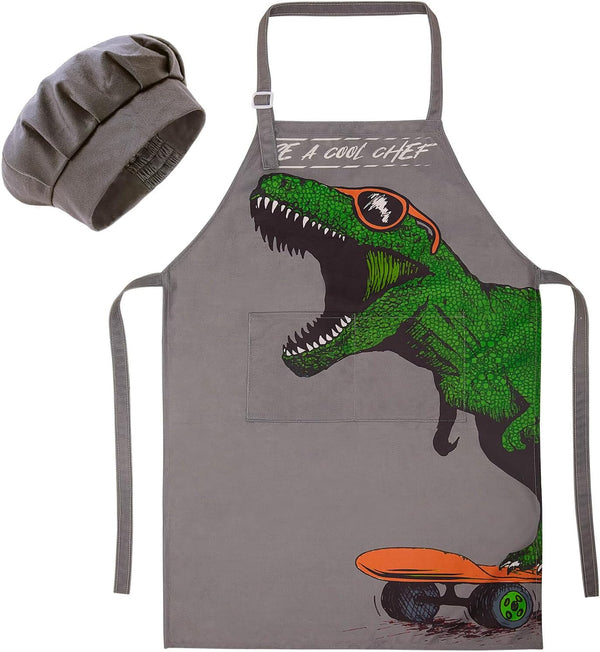 MHJY Kids Apron and Chef Hat for Boys, Dinosaur Child Aprons with Pockets for Cooking Baking Painting