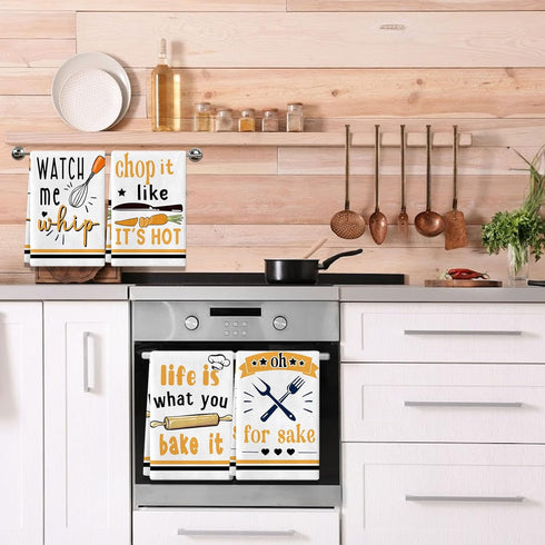 Funny Utensils Kitchen Towels and Dishcloths - Set of 4 Absorbent Drying Tea Towels for Cooking and Baking