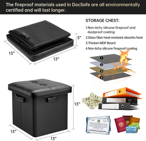 13 Inches DocSafe Storage Ottoman with Lock,Fireproof Folding Ottoman Foot Rest Stool Storage Chest with Storage Safe