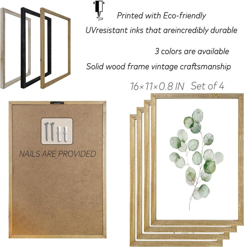 LuZhiQiang 16x11 Inch Set 4 Botanical Wall Decor Sign of Sage Green Plants Wood Framed For Bathroom Modren Bedroom