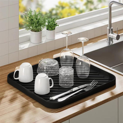 Black Silicone Organizer Tray for Kitchen Sink and Bathroom, Non-Slip Dishwasher Tray, Versatile Drawer Organizer