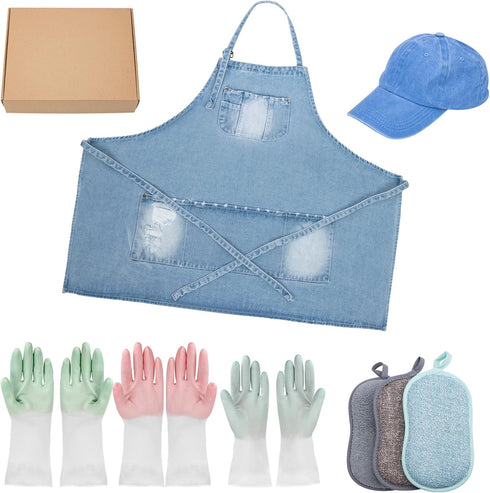 5 Denim Apron With Pockets for Kitchens,Hairstylist Aprons for Women Men,Adjustable Bib Jean Apron for Arts Cafe Work