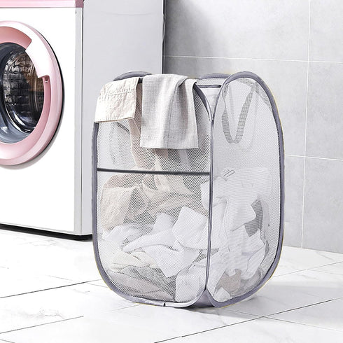 Larpur 2 Pcs Popup Mesh Laundry Baskets, Collapsible Portable Clothes Hampers with Reinforced Carry Handles, Gray