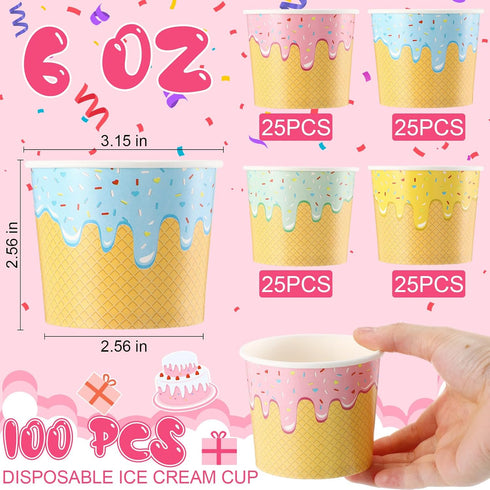 Ninehaoou 100 Summer (6 oz) Pcs Ice Cream Cups Bulk Paper Disposable Dessert Bowls Ice Cream Bowls Paper Dessert Cups