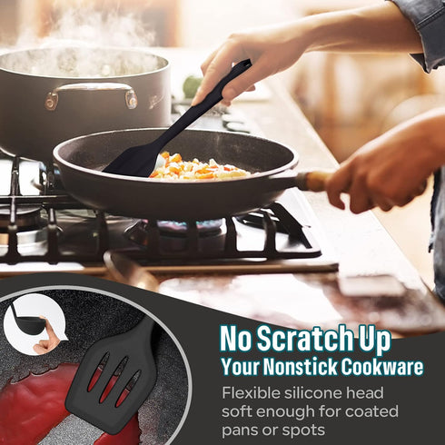 E-far 7-Piece Silicone Cooking Utensils Set, Black Heat Resistant Kitchen Tools, Nonstick Spatula, Ladle, Spoon, Pasta