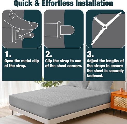 4 Pack Adjustable Elastic Straps with Metal Clips, Bed Sheet Fasteners in Assorted Four Sizes, Bedding Suspenders