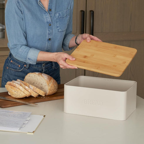 Beautiful Bread Box with Wooden Lid for Kitchen Countertop, Spacious Container for Homemade Bread, Muffins, Bagels