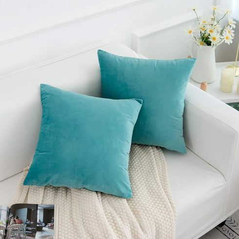 RainRoad Velvet Decorative Throw Pillow Covers - Soft Square Light Teal Cushion Cover 18x18 Inch, Set of 2