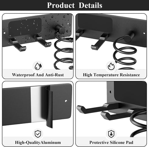 Tindbea Hair Dryer Holder + Curling Iron Holder, Matte Black Wall Mount Organizer for Bathroom