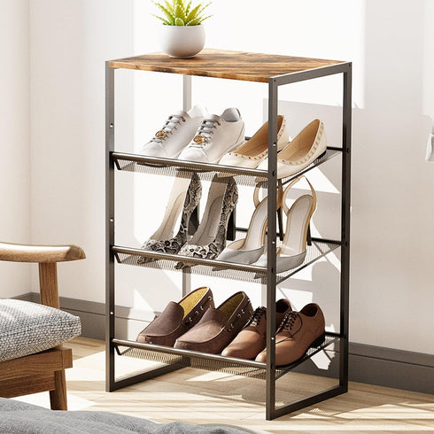 4 Closet 4 Closet Garden you Shoe Rack for Narrow Tiers, Small Shoe Rack with Brown Wooden Tabletop, Adjustable Metal