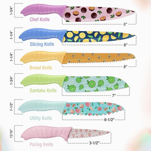 HAUSHOF Kitchen Knife Set, 12-Piece Colorful Knives Set with 6 Sheaths, Non-Stick Coated Stainless Steel Fruit Pattern Blades for Slicing, Dicing&Cutting, Gifts Knife Set for Dad, Mom by HAUSHOF