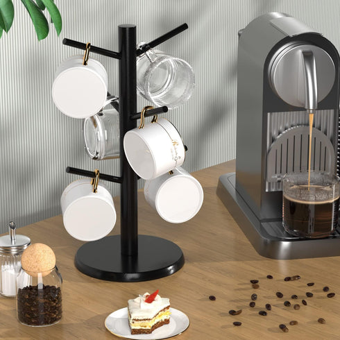 Wisuce Black Coffee Mug Tree, Thick Bamboo Mug Holder with 8 Hooks for Countertop Coffee Mug Rack Organizer