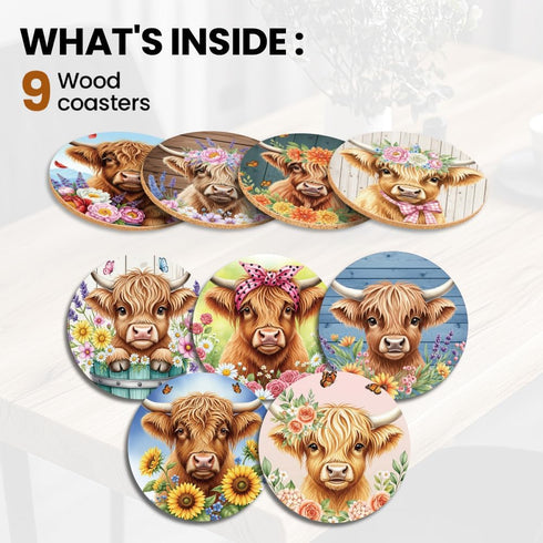Set 9 3.9" ANATTASOUL Coasters of Highland Cow and Flowers Pattern Colorful Wooden Coasters Bulk Round Housewarming