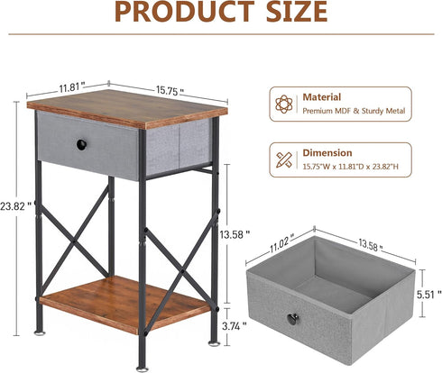 Brown,1 Pack VECELO End Tables, Modern Nightstand with Fabric Drawer & Open Shelf, Night Stand for Bedroom Living Room