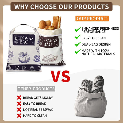 2 Pack Organic Beeswax Bread Bags for Bread & Sourdough, XL Organic Linen Reusable Bread Storage Bag with Removable