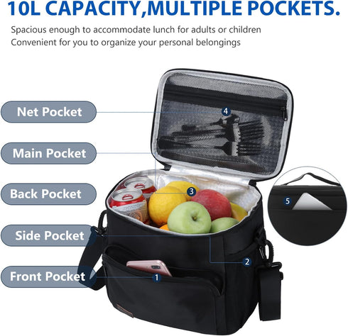 Gloppie Insulated Lunch Box for Men Women, Reusable Lunch Cooler Bag in Black