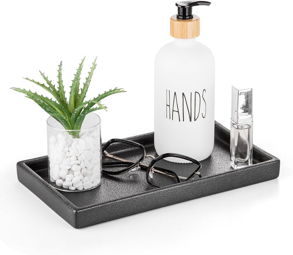 Bathroom Vanity Tray, Black Ceramic Organizer Tray for Counter, Rectangle Soap Dispenser Tray for Bathroom and Kitchen