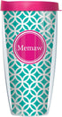 Pink Memaw Insignia Wrap on Teal and White Roundabout Tumbler Cup, 22 Oz, Hot Pink Lid, Thermal Insulated, BPA Free