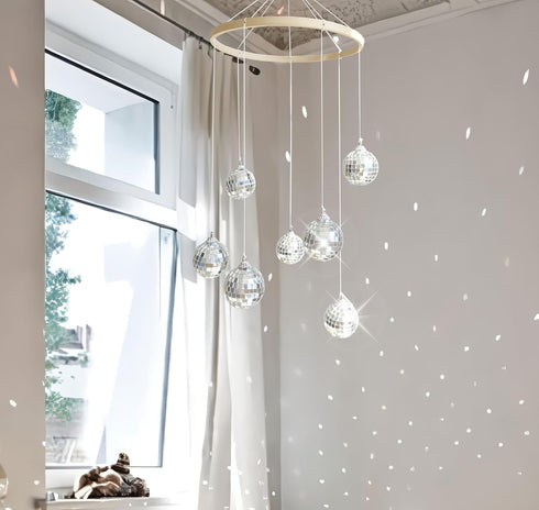 Dazzling Disco Ball Mobile - 7.8 Inch Spiral Spinner Ball, Nature Bamboo Circle for Indoor Outdoor Yard Garden Patio