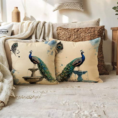 ULOVE LOVE YOURSELF 2-Pack Peacock Throw Pillow Covers - Decorative Square Cotton Linen Cushion Cover 18x18 Inch