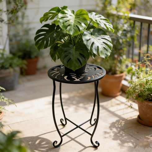 Kaesithar 2 Pack, 15" Outdoor Side Tables Height Tool-Free Metal Patio End Table with Monstera Pattern, Compact Space