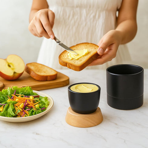 Countertop French Butter Dish,Samseel Porcelain Butter Crock with Water Line and Thick Wooden Lid, a Butter Keeper