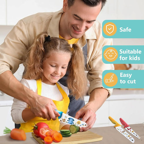 Kids Knife Set for Real Cooking, 4pcs Safe Kitchen Cutting Knives with Stainless Steel Blades, BPA-free