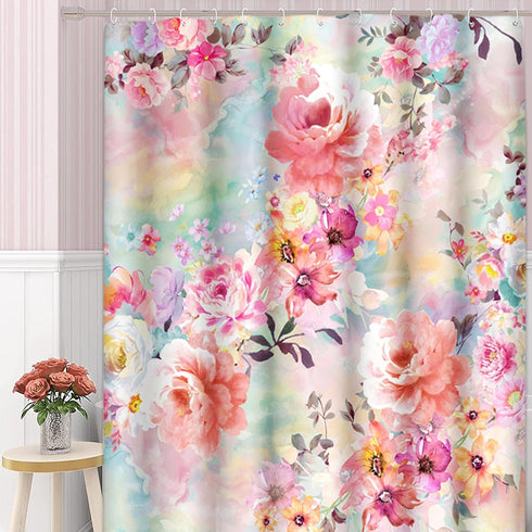 ArtSocket Shower Curtain, Colorful Flowers Romantic Pink Teal Watercolor Chic Floral Pattern, 72 x 72 Inches
