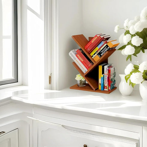 Bookshelf,3 Godferyxin Tree Bookshelf,Small Tier Wood Mini Book Shelf and Book Tree for Office, Home or School Desktop