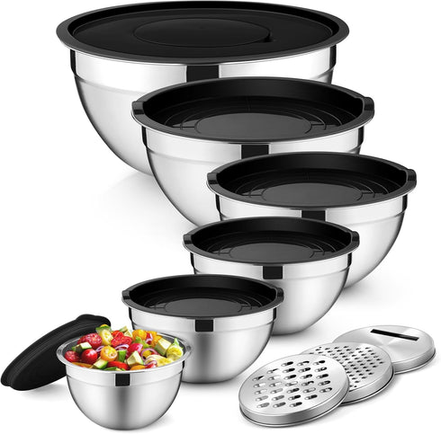 P&P CHEF Set of 6 Mixing Bowls with Black Lids, Stainless Steel Nesting Salad Bowl & 3 Grater Attachments for Prepping