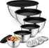 P&P CHEF Set of 6 Mixing Bowls with Black Lids, Stainless Steel Nesting Salad Bowl & 3 Grater Attachments for Prepping