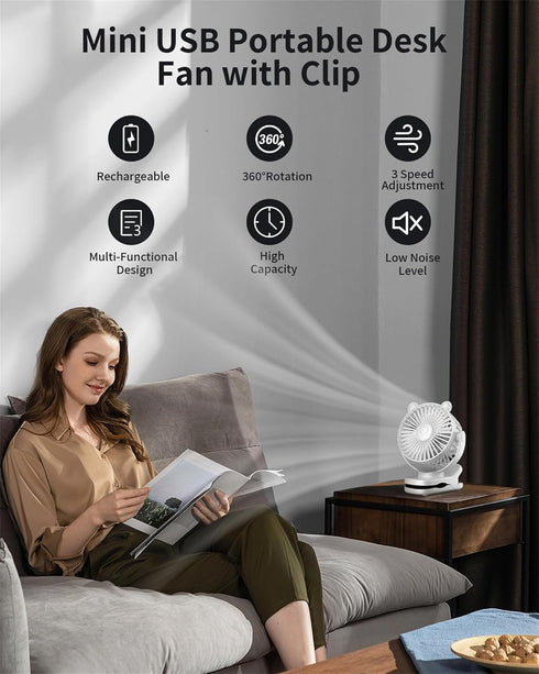 Clip on Fan, Rechargeable Portable Fan with 2000mAh Battery Operated, Stroller Fan with Powerful Clip Design, 3 Wind Speed, 360° Rotation, Ultra-Low Noise Level Personal Fan for Travel