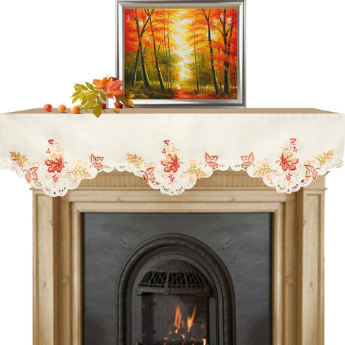 Embroidered Maple Leaves Mantel Top Runner Scarf for Thanksgiving and Fall, 70 x 17 Inches