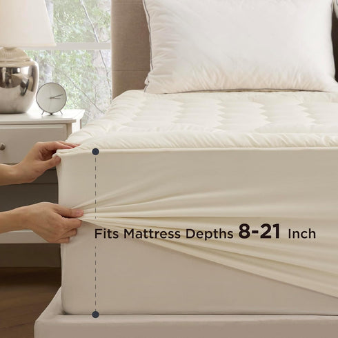 8-21 Inches 54x75 Inches Bedsure Beige Full Size Mattress Pad - Quilted Fitted Mattress Topper Protector with Deep