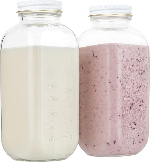 kitchentoolz 32oz Square Glass Milk Bottle with White Metal Airtight Lids -