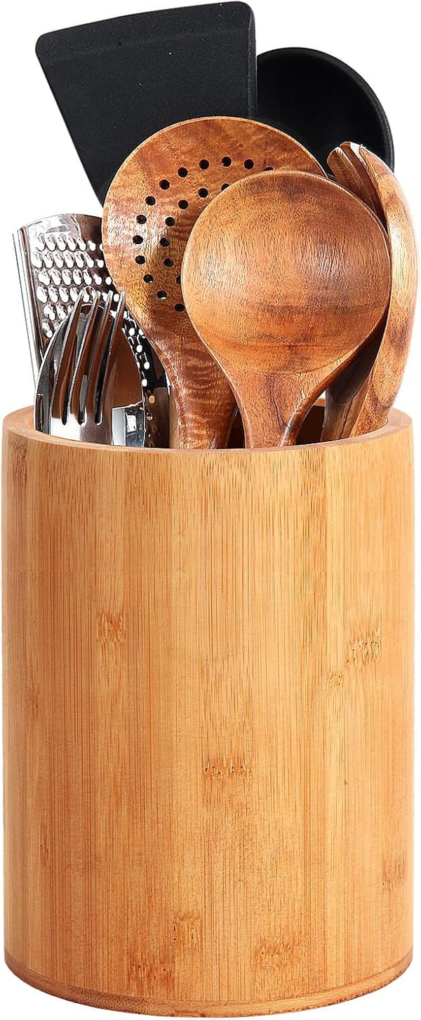 Bamboo Utensil Holder, Large Kitchen Counter Spoon and Chopstick Organizer, Flatware Storage for Countertop