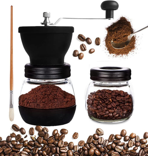 Manual Coffee Grinder Set by Mixpresso, Hand Coffee Mill with Conical Burr, 2 Glass Jars & Brush